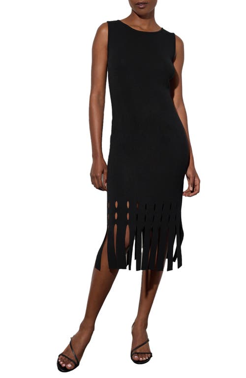 Ming Wang Laser Cut Detail Fringe Hem Knit Midi Dress in Black 