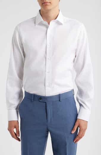 Trim Fit Diamond Textured White Cotton Dress Shirt