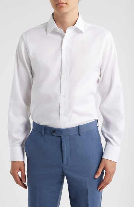 Trim Fit Diamond Textured White Cotton Dress Shirt