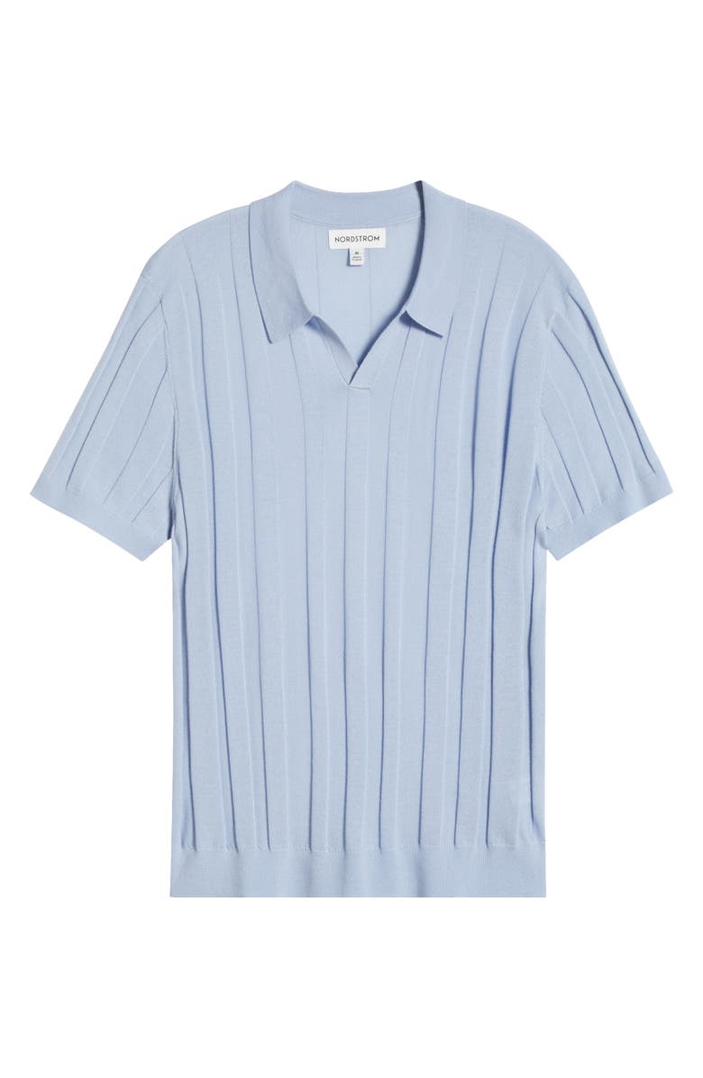 Nordstrom Rib Short Sleeve Merino Wool & Silk Johnny Collar Sweater, Alternate, color, Blue Skyway