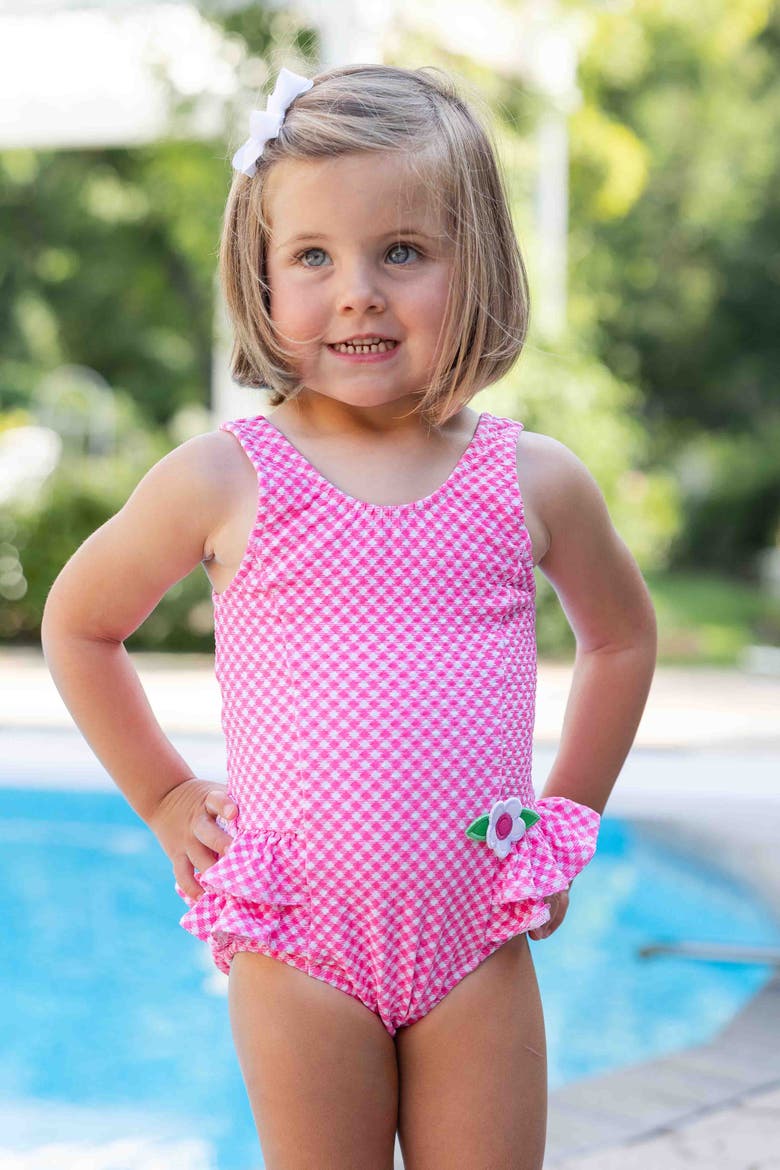 Gingham Swimsuit  with Ruffles and Flower, Alternate, color, Pink/White