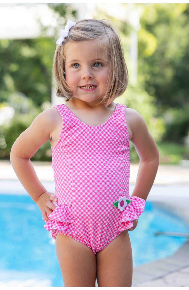 Florence Eiseman Gingham Swimsuit  with Ruffles and Flower, Alternate, color, Pink/White