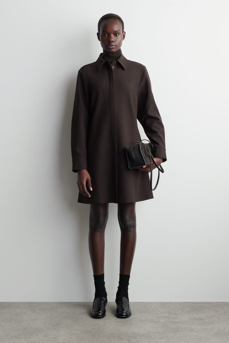 Long-Sleeved Mini Shirt Dress, Main, color, DARK BROWN