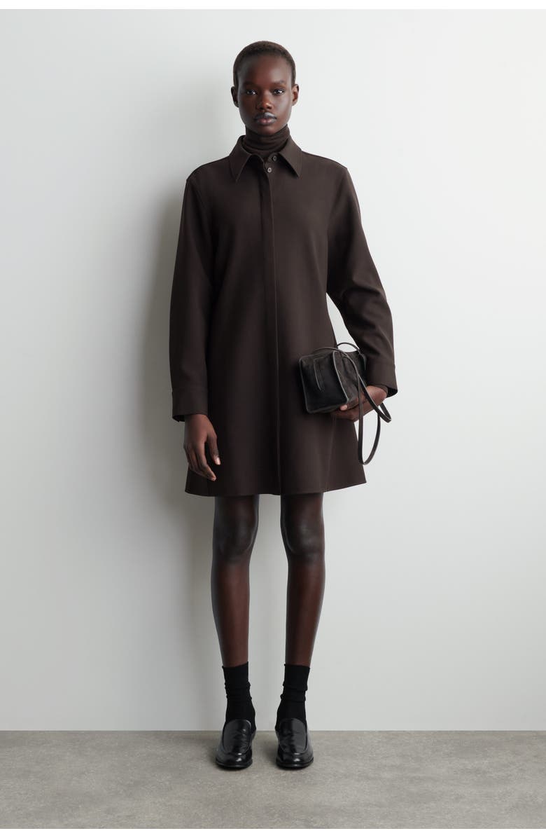 COS Long-Sleeved Mini Shirt Dress, Main, color, Dark Brown