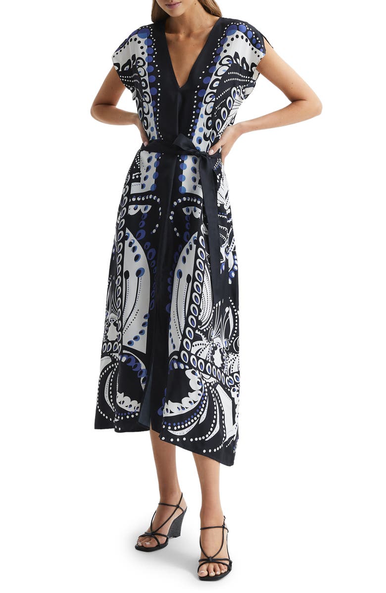 Reiss Freja Print Tie Waist Midi Dress, Main, color,