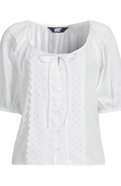 Lands' End Voile Puff Elbow Sleeve Embroidered Blouse In White