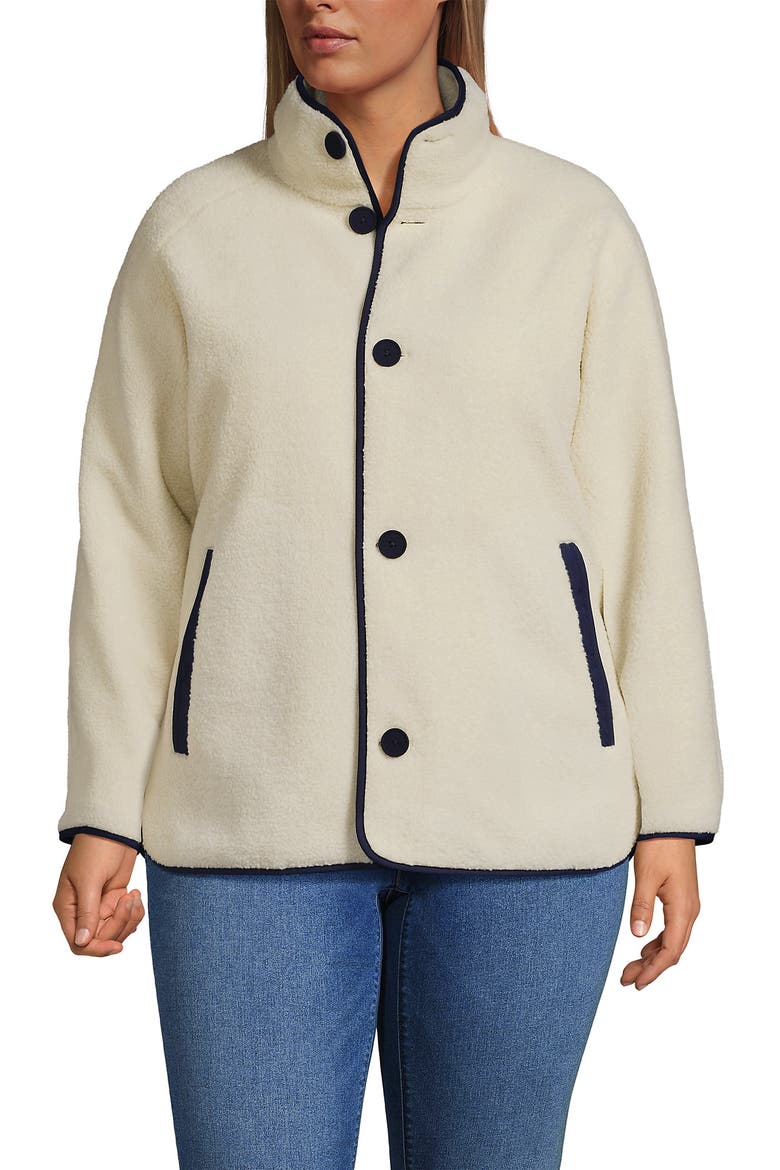 Plus Size High Pile Fleece Reversible Mixed Media Long Jacket, Alternate, color, Ivory/Navy Check