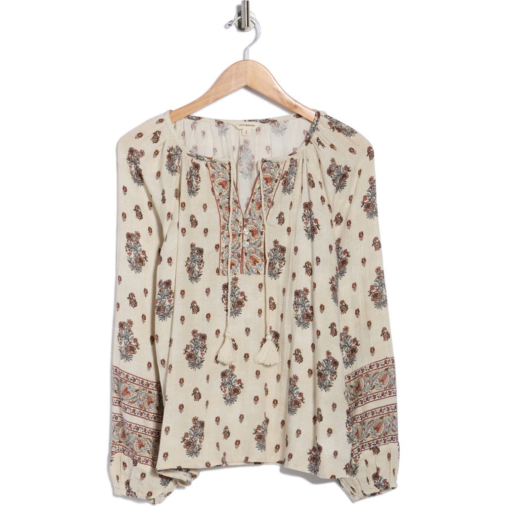 Lucky Brand Print Split Neck Top In Neutral