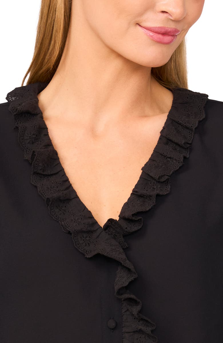 CeCe Eyelet Ruffle Long Sleeve Shirt, Alternate, color, Rich Black