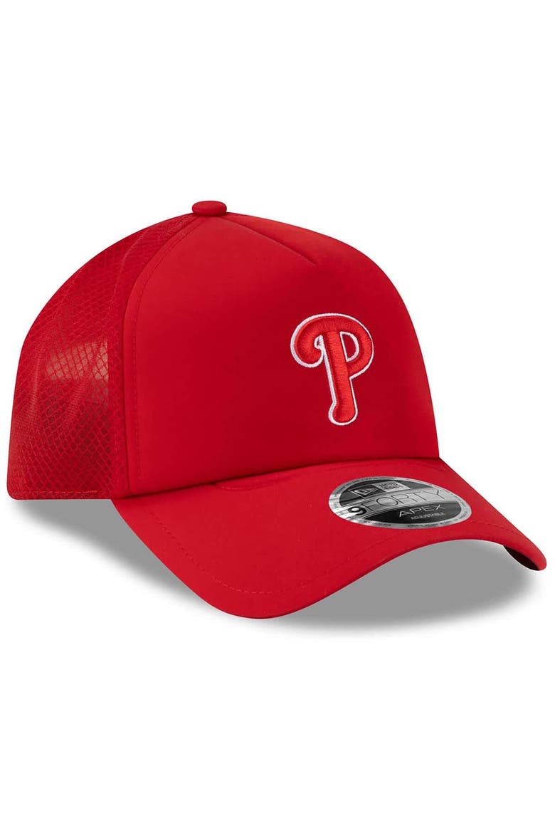 Men's New Era Red Philadelphia Phillies 2026 Batting Practice Apex 9FORTY Adjustable Trucker Hat, Alternate, color, Red
