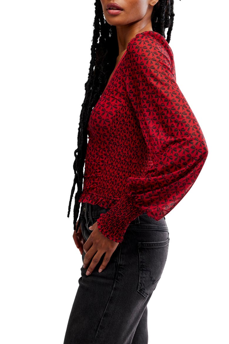 Dottie Bow Print Sheer Sleeve Smocked Top, Alternate, color, SALSA