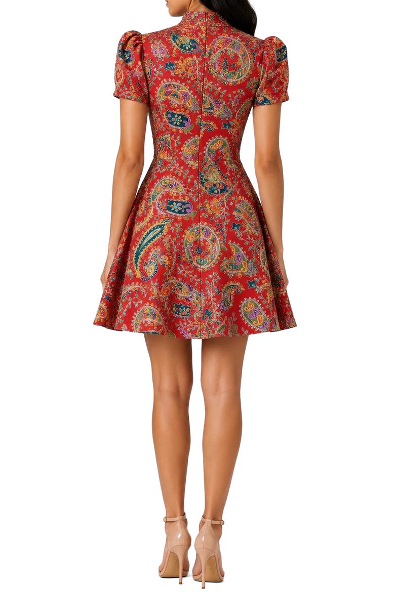 Nour Print Puff Sleeve Silk Minidress, Alternate, color, RED