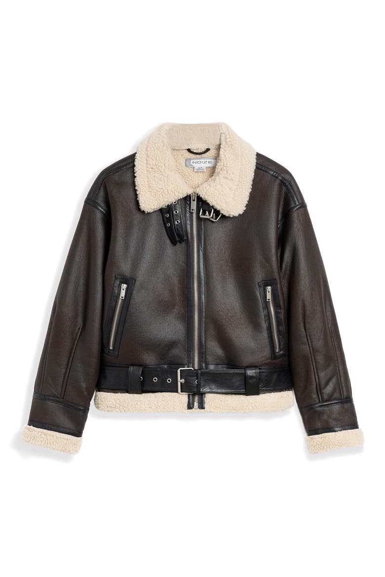 Faux Shearling Trim Faux Leather Jacket, Alternate, color, COGNAC