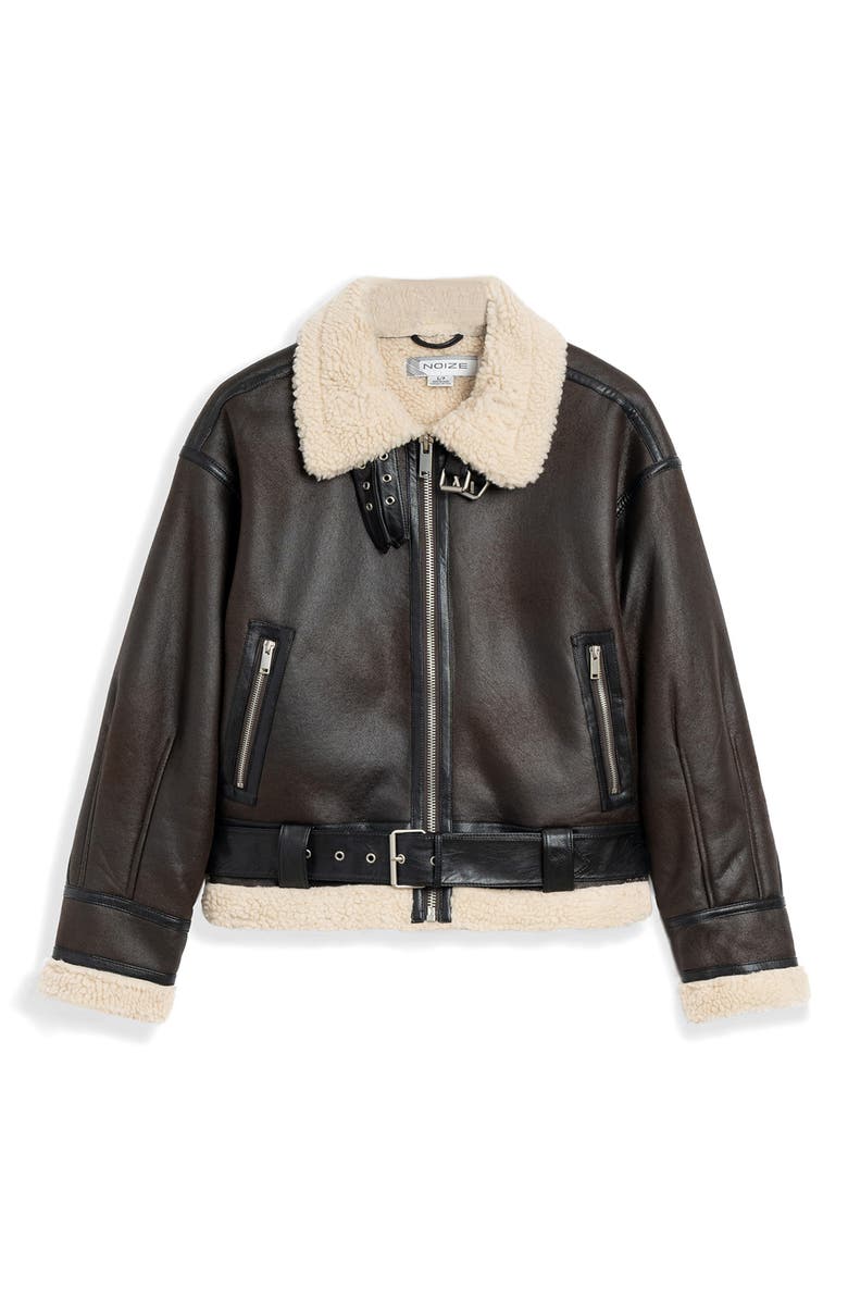 Noize Faux Shearling Trim Faux Leather Jacket, Alternate, color, Cognac
