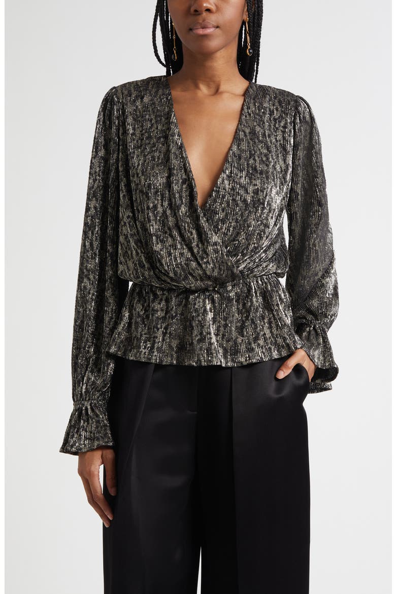 Jean Metallic Lamé Faux Wrap Top, Main, color, BLACK ANIMAL LAME