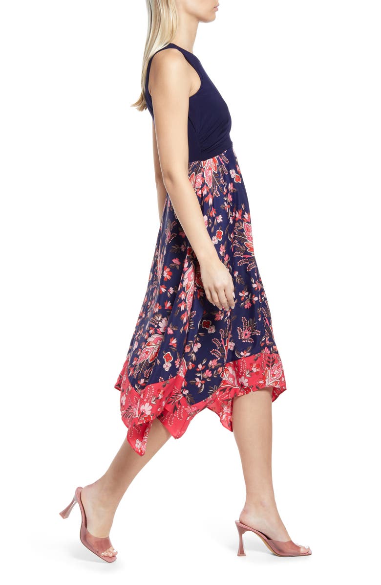 Vince Camuto Mixed Media Handkerchief Hem Midi Dress, Alternate, color,