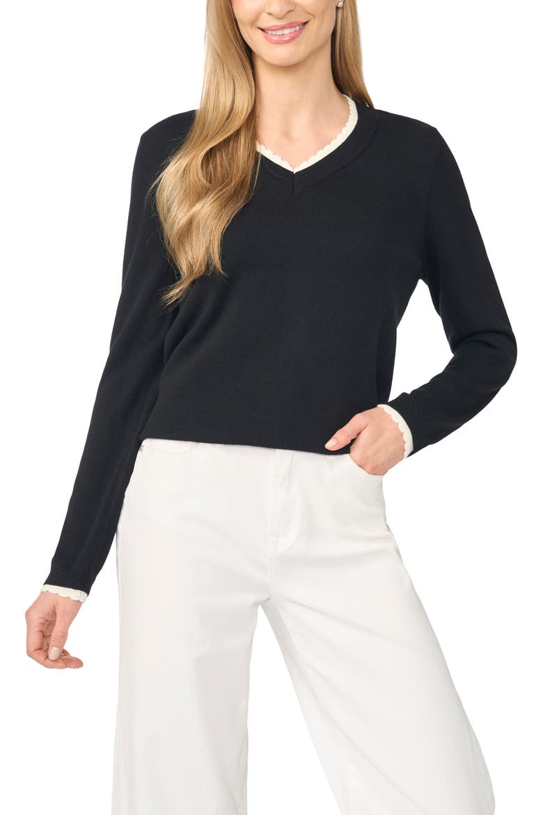 Scalloped Trim V-Neck Sweater, Main, color, RICH BLACK