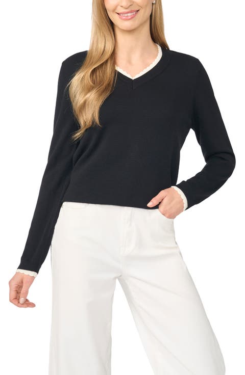 Scalloped Trim V-Neck Sweater