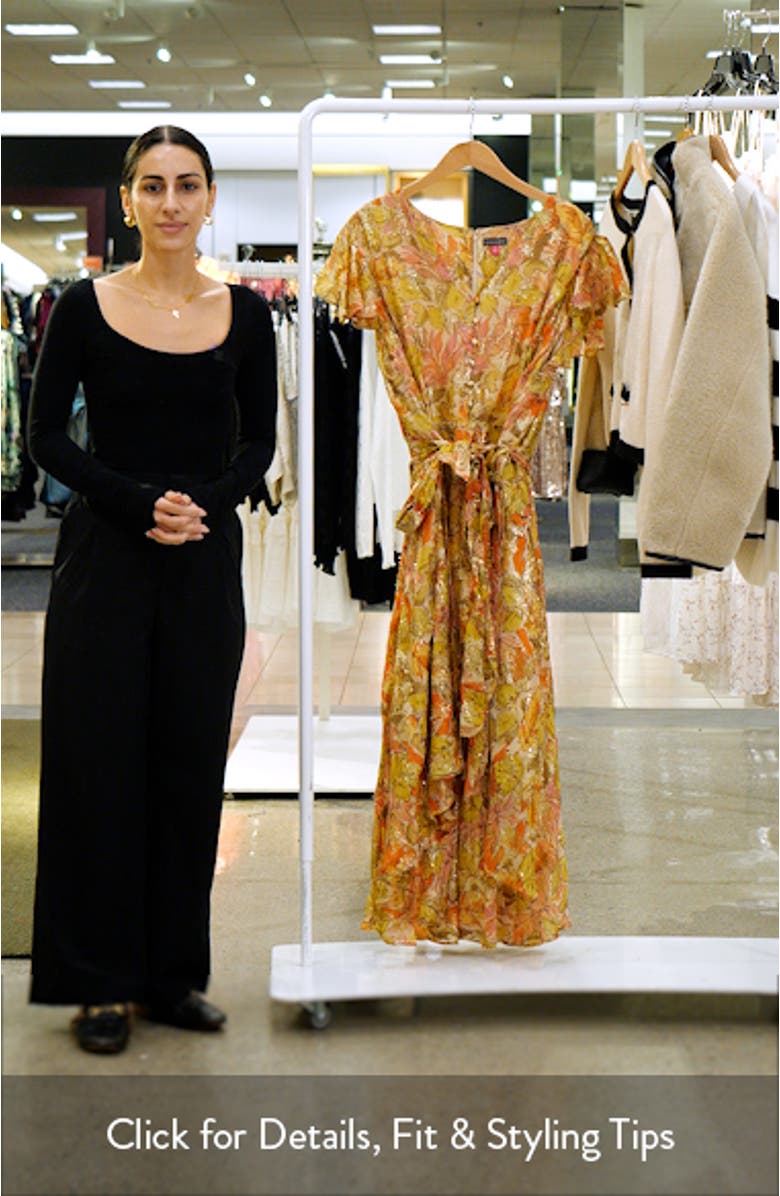 Metallic Floral Flutter Sleeve Dress, sales video thumbnail