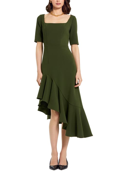 Crepe 3/4 Sleeve Asymmetrical Hem Belted Dress