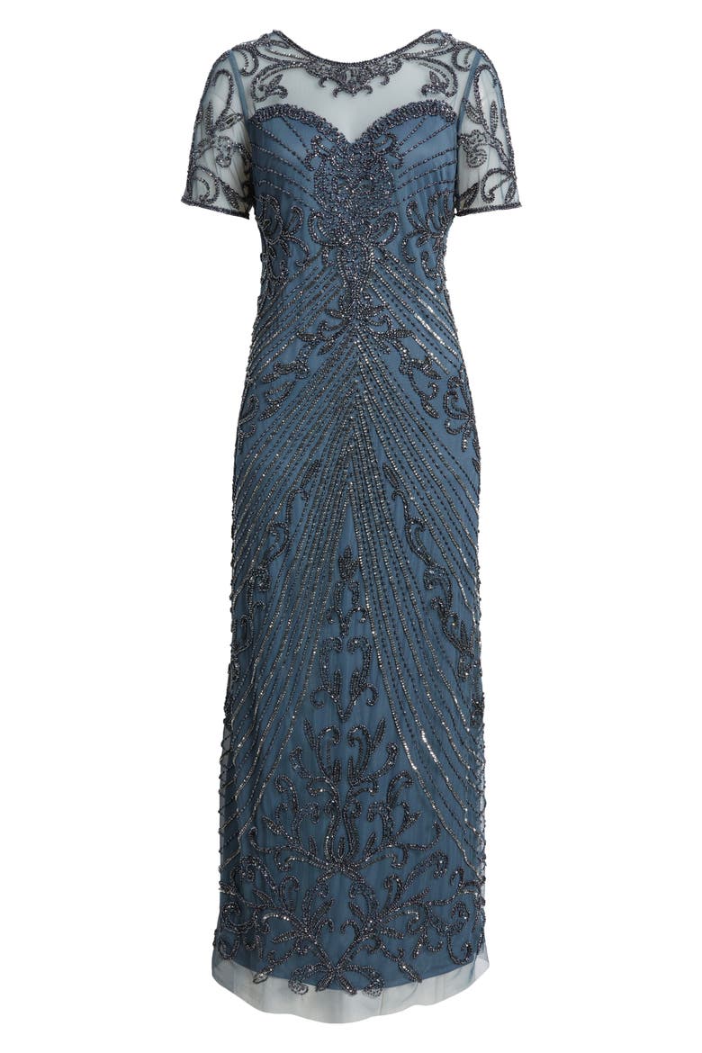 Illusion Beaded Mesh Column Gown, Alternate, color, COASTAL BLUE 455