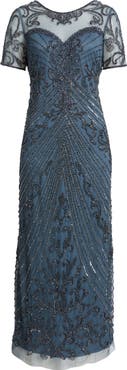 Pisarro Nights Illusion Beaded Mesh Column Gown