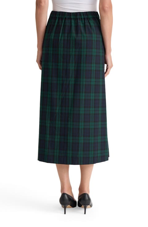Plaid Inverted Pleat Midi Skirt