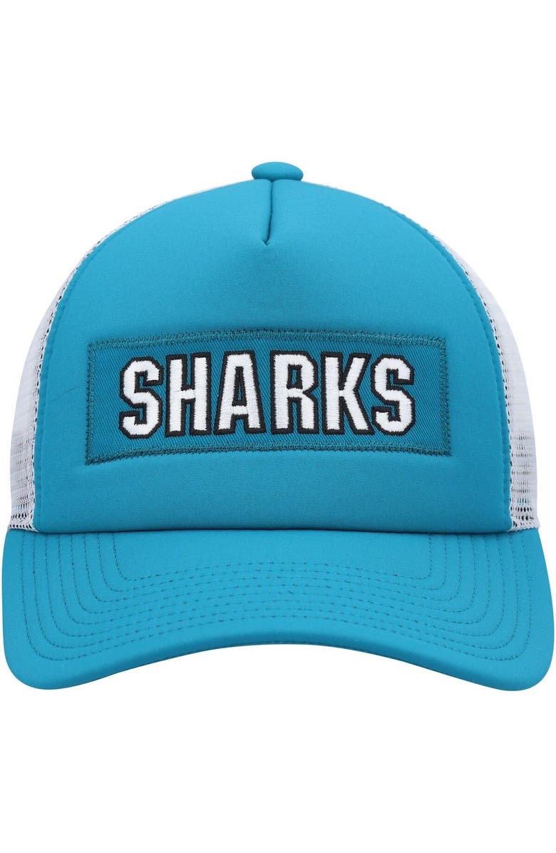 adidas Men's adidas Teal/White San Jose Sharks Team Plate Trucker Snapback Hat, Alternate, color, 