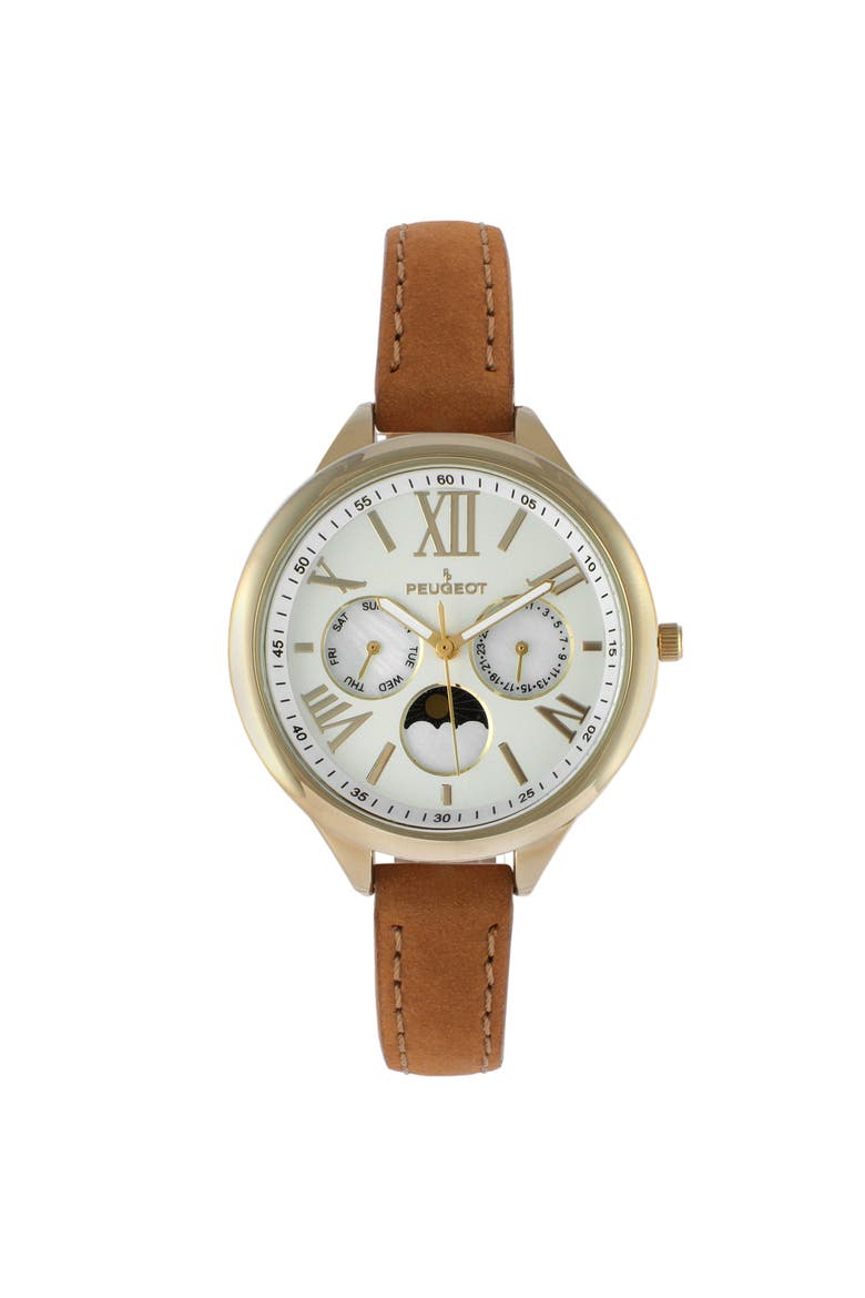Sun Moon Multi Function Suede Strap Watch - 38MM, Main, color, Brown