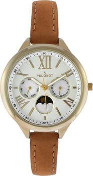 Peugeot Sun Moon Multi Function Suede Strap Watch - 38MM