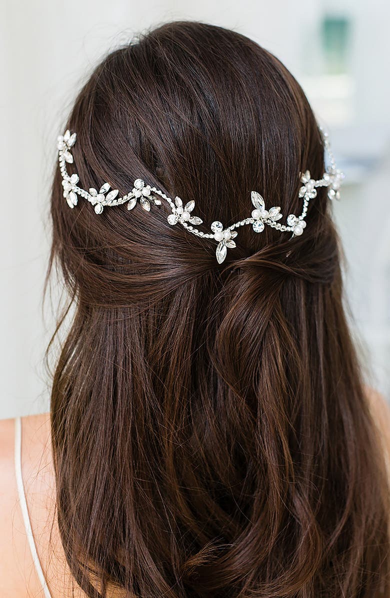Brides & Hairpins Zaliki Crystal & Faux Pearl Halo Band, Alternate, color, Silver