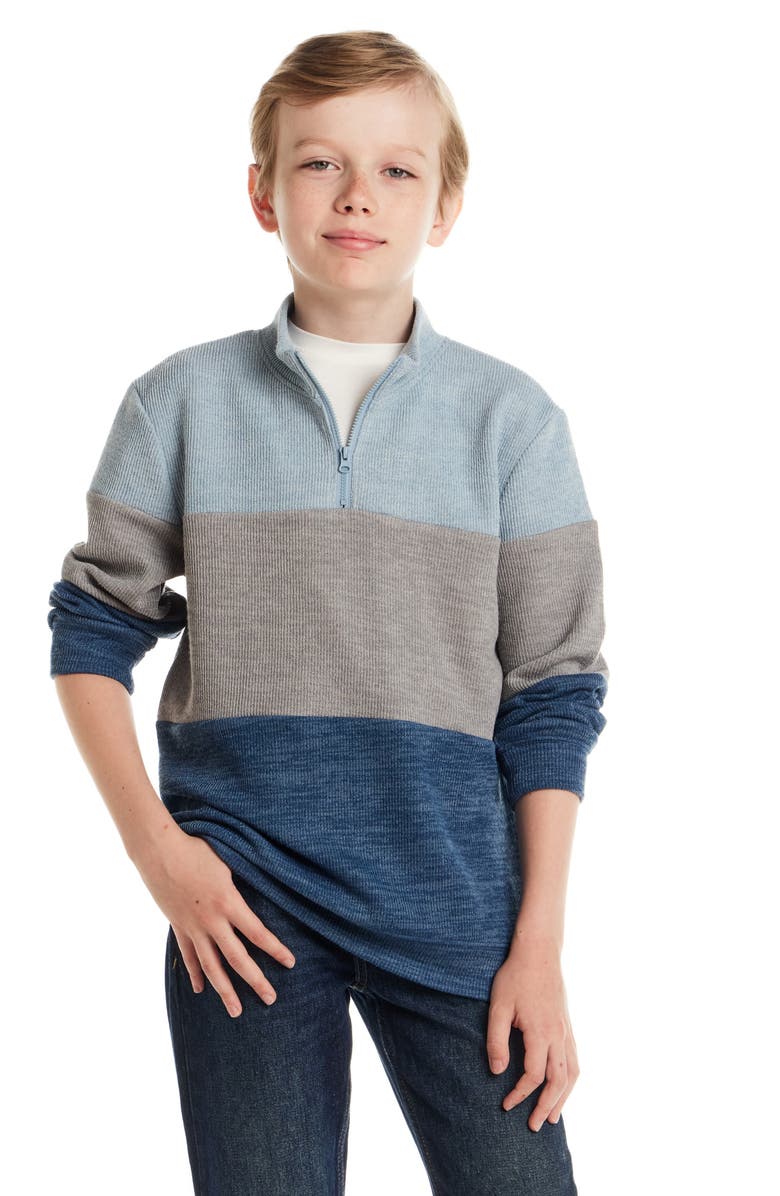 Andy & Evan Kids' Colorblock Quarter Zip Cotton Sweater, Alternate, color, Light Blue Stripe