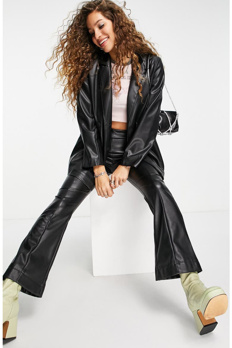 Double Breasted Faux Leather Blazer, Alternate, color, BLACK