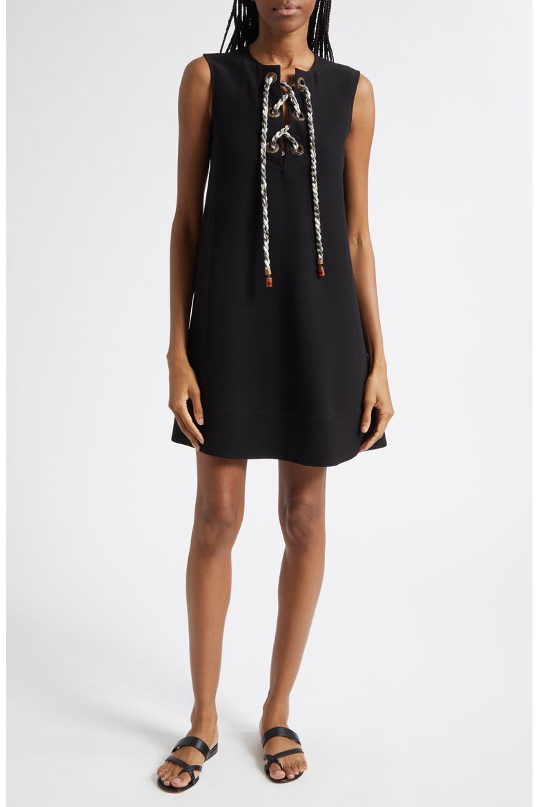 Rhoslyn Lace-Up Cady Minidress, Main, color, BLACK