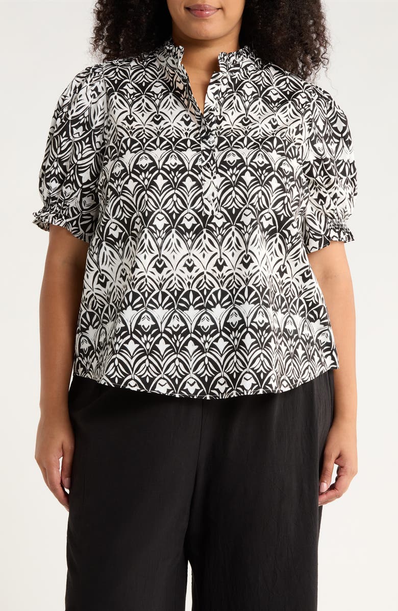 SUGARLIPS La Palma Floral Puff Sleeve Cotton Top, Main, color, Black-White