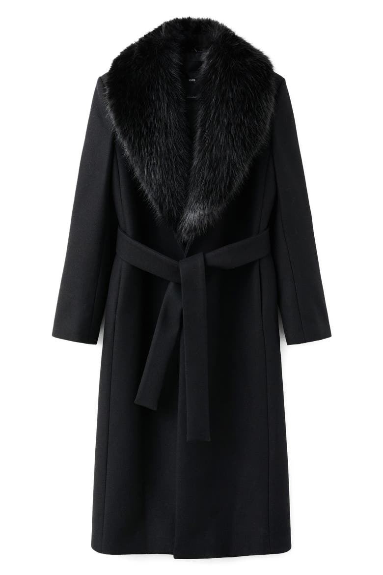 Manteco Belted Longline Trench Coat with Removable Faux Fur Collar, Alternate, color, BLACK