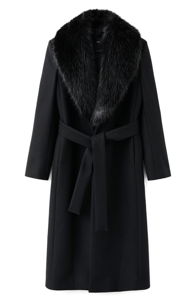 MANGO Manteco Belted Longline Trench Coat with Removable Faux Fur Collar, Alternate, color, Black