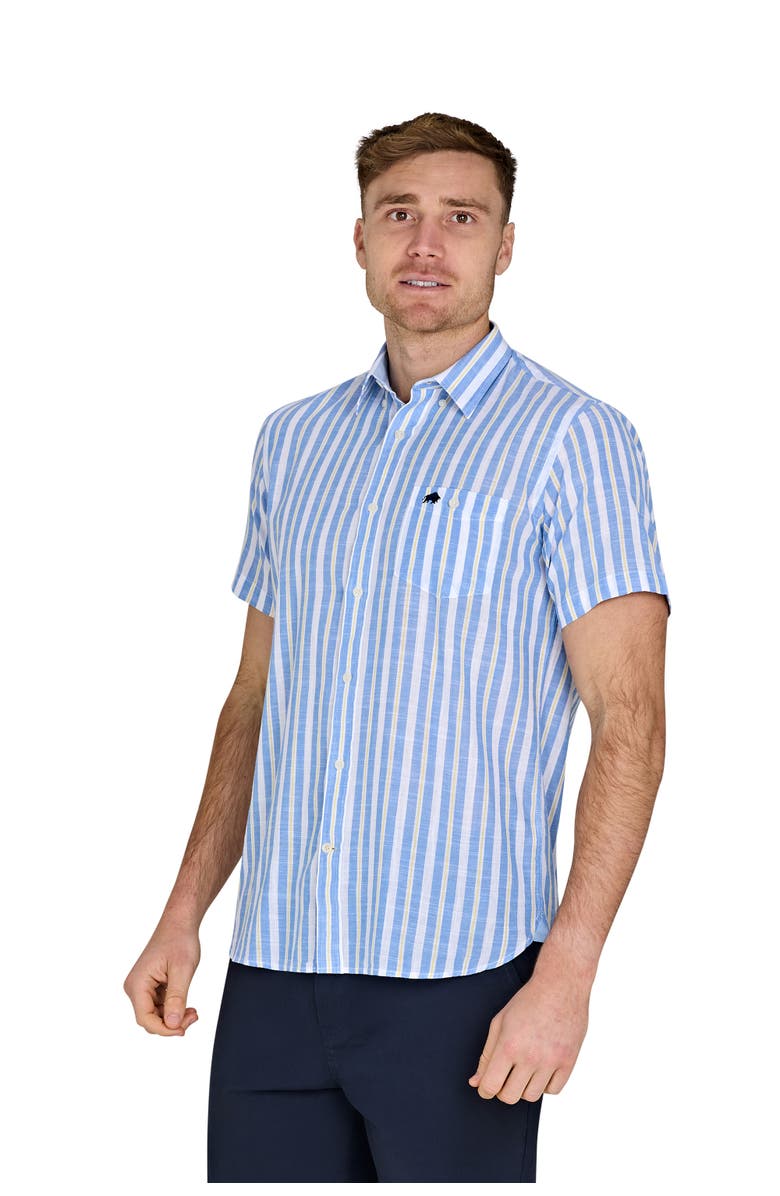 Raging Bull Short Sleeve Cotton Linen Look Shirt, Alternate, color, Mid Blue