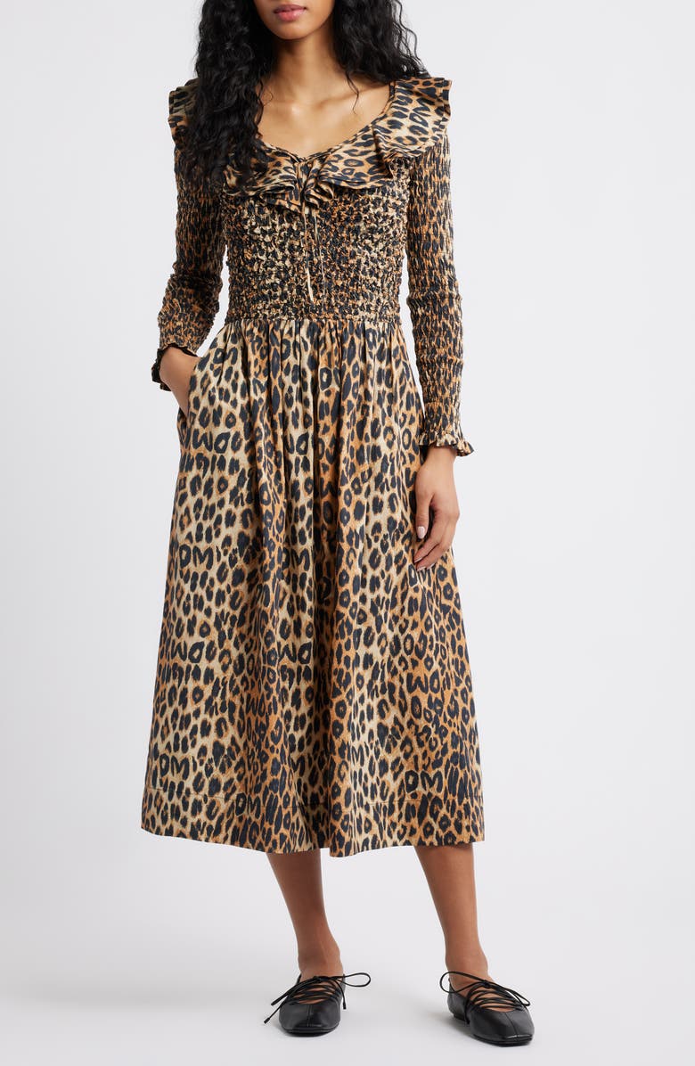 Damson Madder Harper Smocked Long Sleeve Midi Dress, Main, color, Leopard