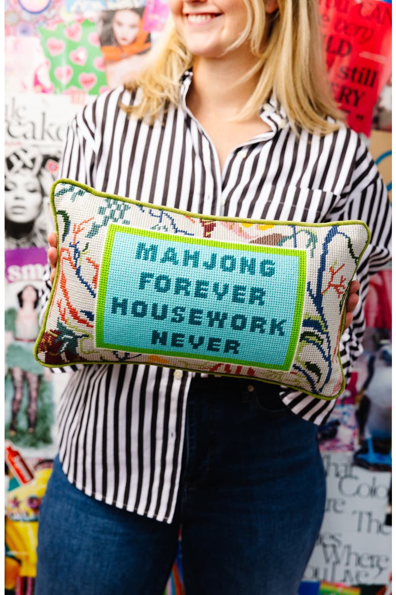 Mahjong Needlepoint Pillow, Alternate, color, Green, Blue-Green, Light Gray
