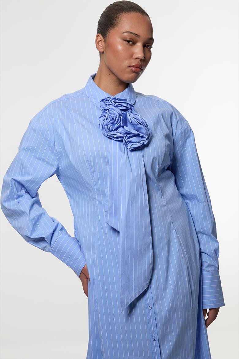 Rosette Woven Shirt Maxi Dress, Alternate, color, Blue