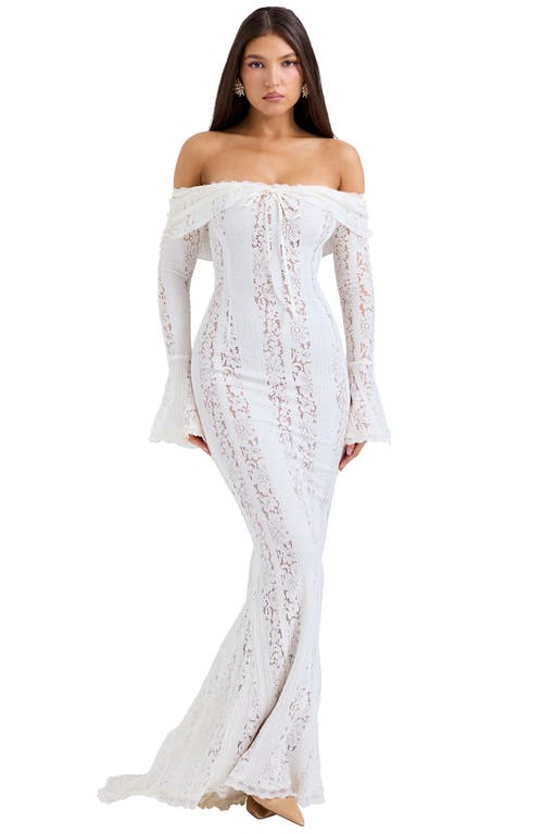 House Of Cb Belle Off The Shoulder Long Sleeve Meramid Gown In Cream