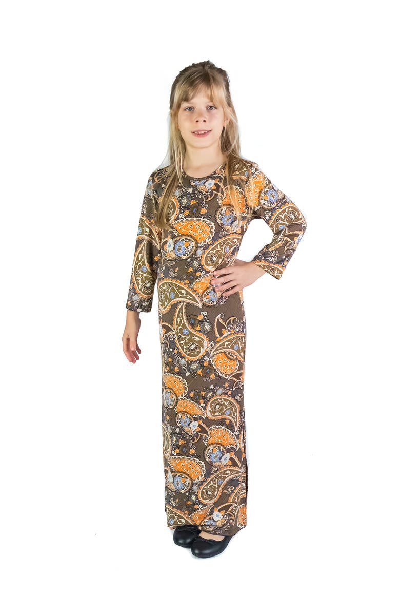 24sevenKid Brown Fall Print Long Sleeve Side Slit Maxi Dress, Main, color, Brown Multi