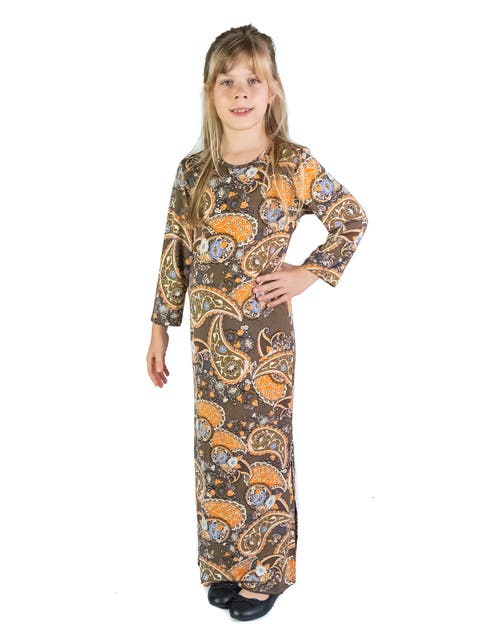 Brown Fall Print Long Sleeve Side Slit Maxi Dress