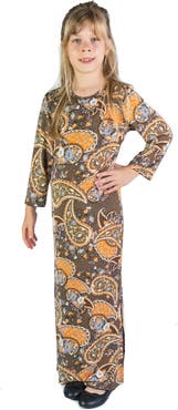 24sevenKid Brown Fall Print Long Sleeve Side Slit Maxi Dress