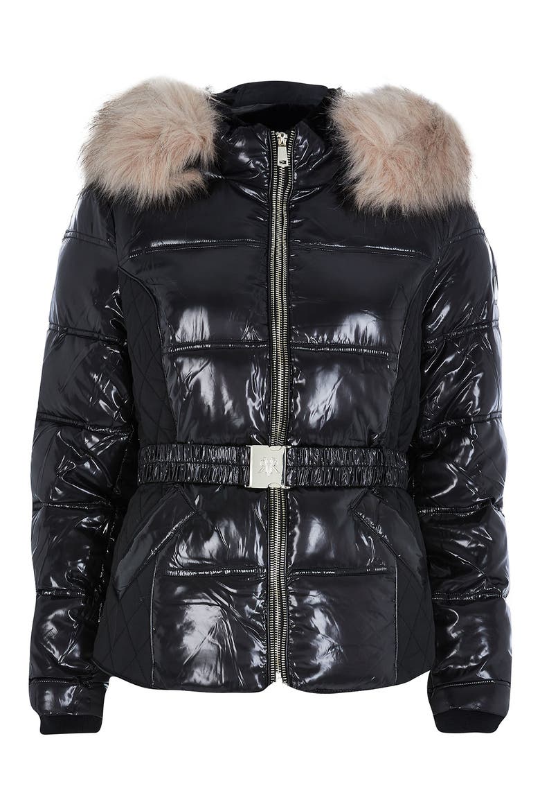 Hooded Puffer Jacket with Faux Fur Trim, Alternate, color, BLACK