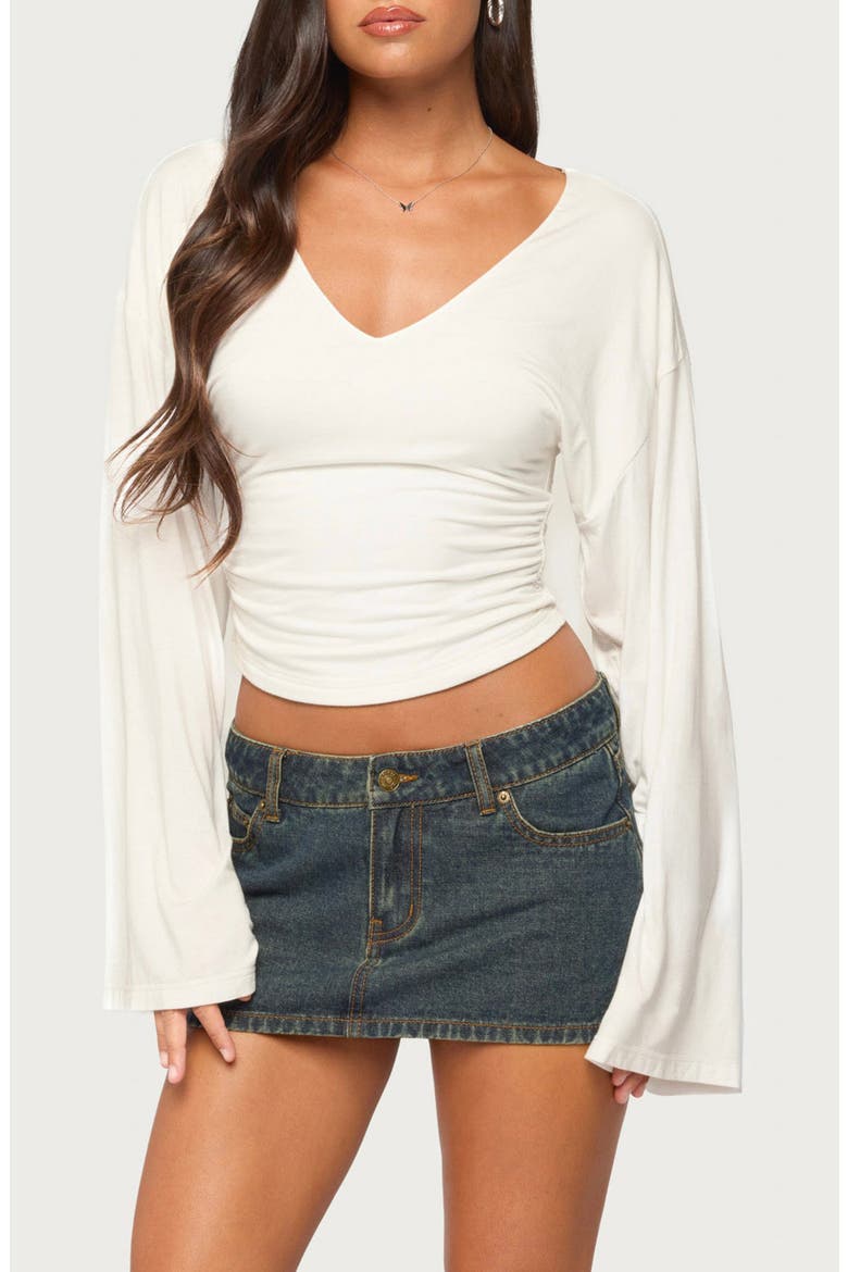 Bebe Ruched Long Sleeve V-Neck T-Shirt, Main, color, WHITE