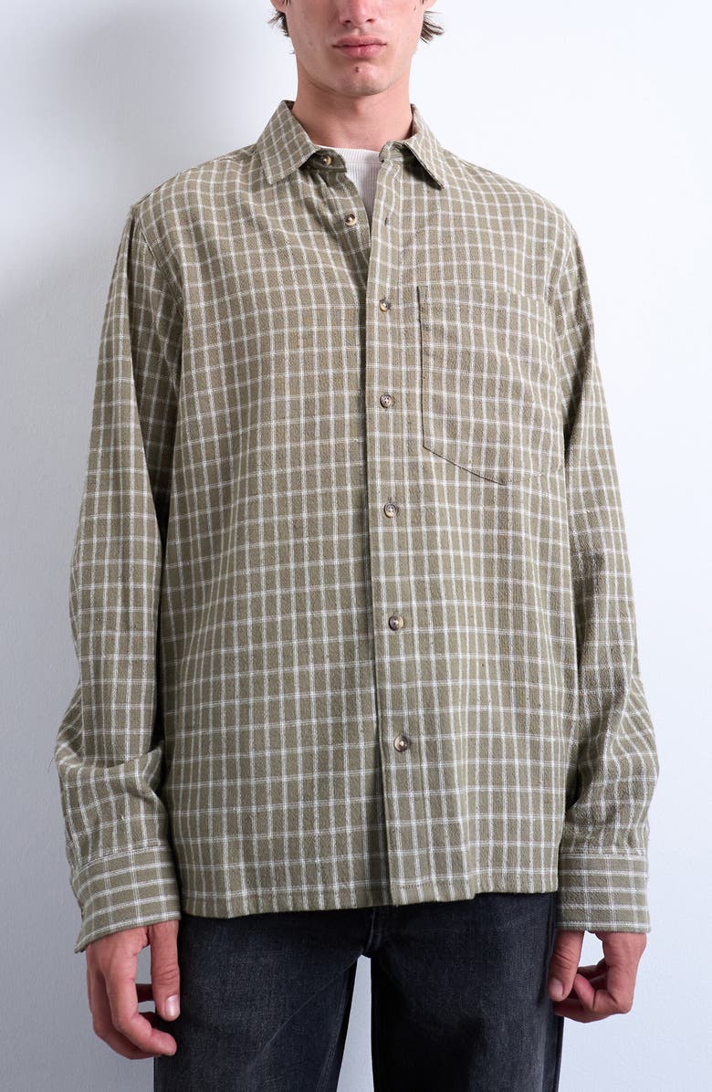 Topman Grid Check Relaxed Button-Up Shirt, Main, color, Khaki