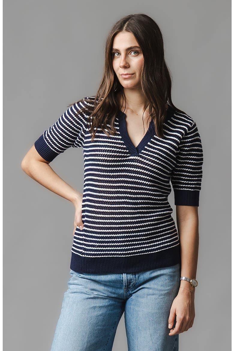Organic V-Neck Short Sleeve Sweater, Alternate, color, Navy and White