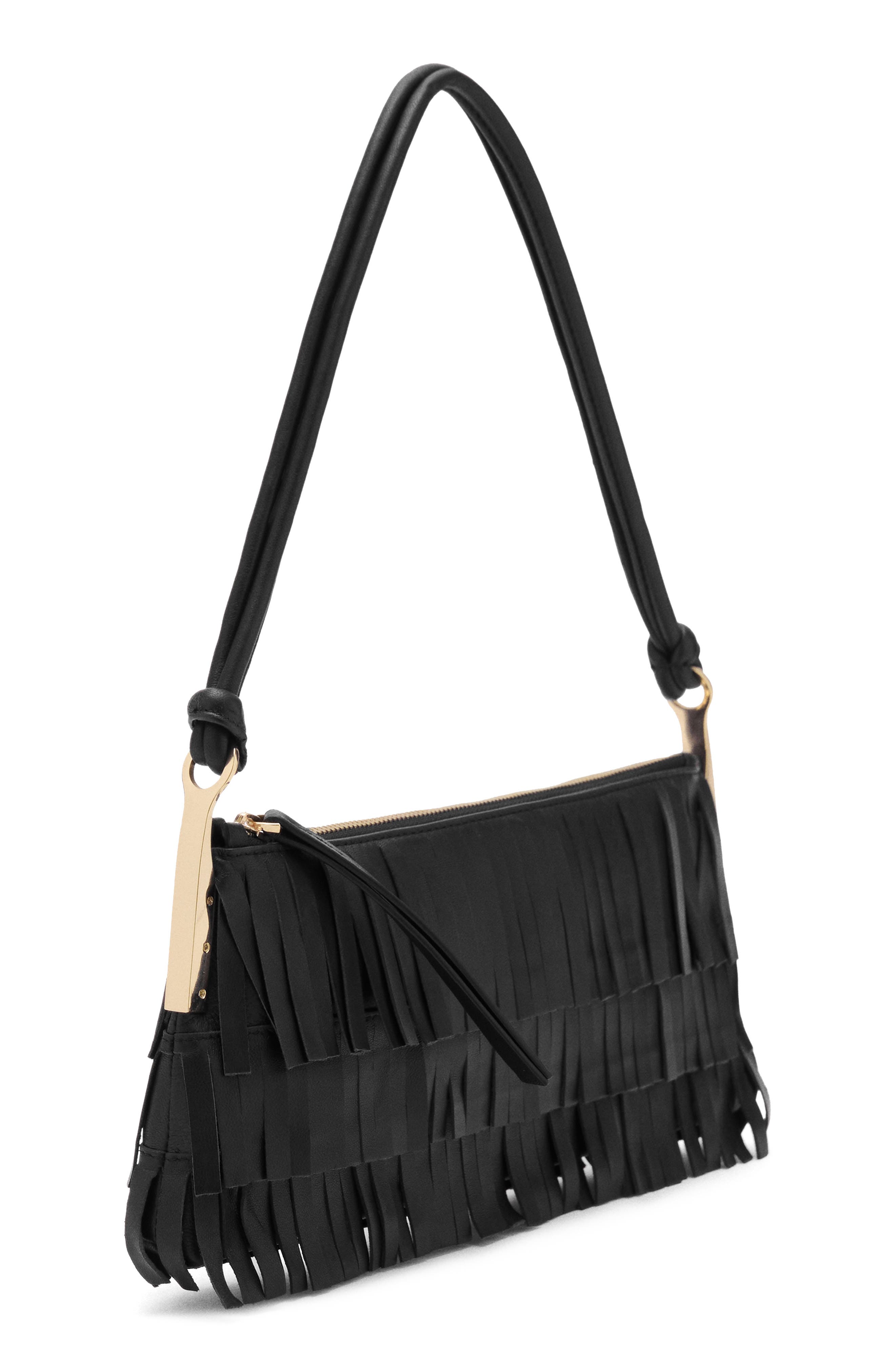 MANGO Fringe Leather Shoulder Bag, Alternate, color, Black